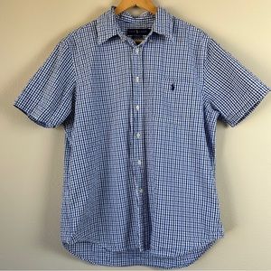 Ralph Lauren‎ Seersucker Gingham Check Blue Short Sleeve Collared Shirt Pony L